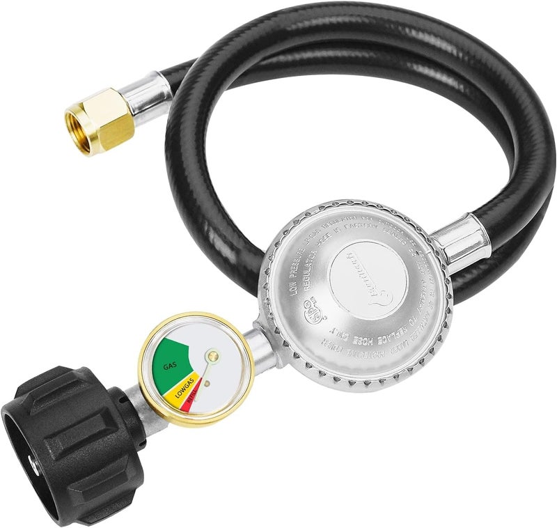 CALPOSE 2 Feet Propane Hose with Regulator & Gauge, Universal Gas Grill Regulator for Blackstone 28''/36'' Griddle, Weber Grill, Propane fire Pit and More, 3/8" Female Flare for Most LP Gas Grills - Image 1